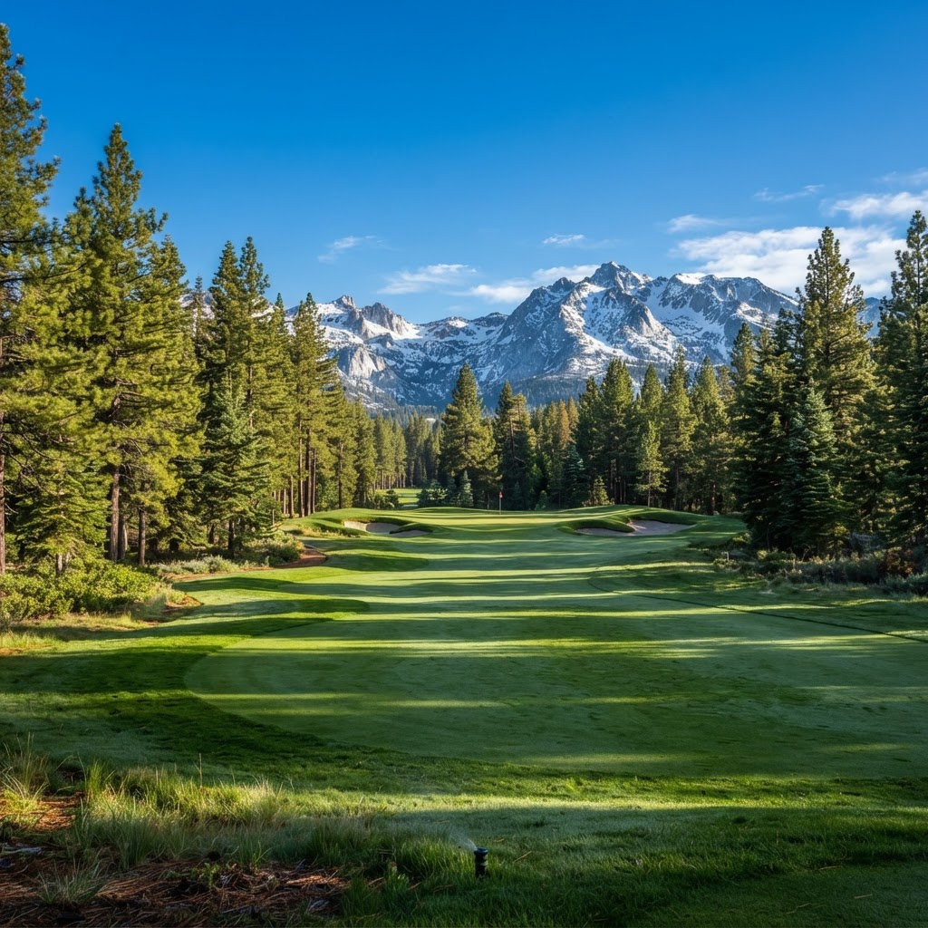 Pine-lined fairway at Bijou Golf Course — Municipal golf course in South Lake Tahoe