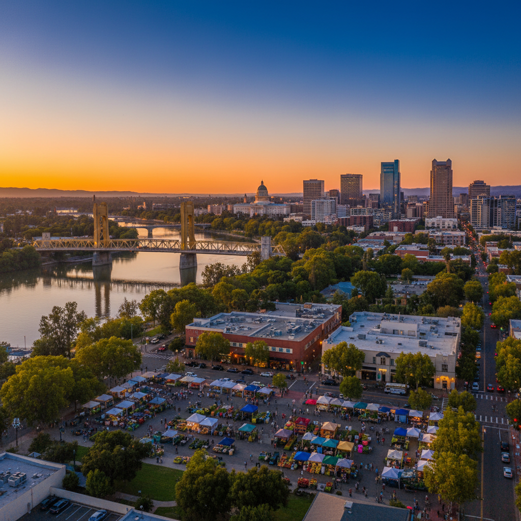 Sacramento skyline with Tower Bridge and City of Trees representing local Sacramento businesses