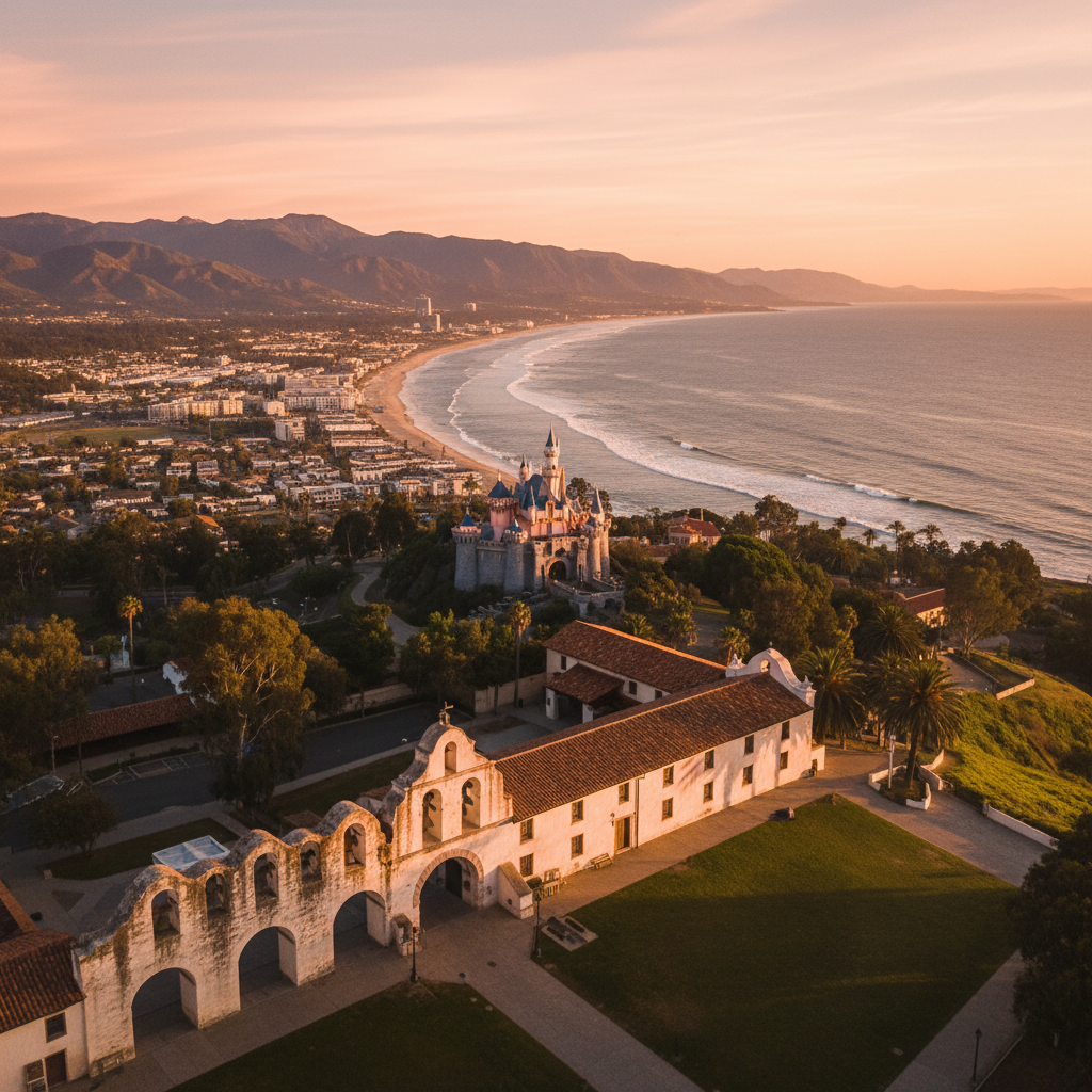 Mission San Juan Capistrano bell wall and the historic Orange County coastline