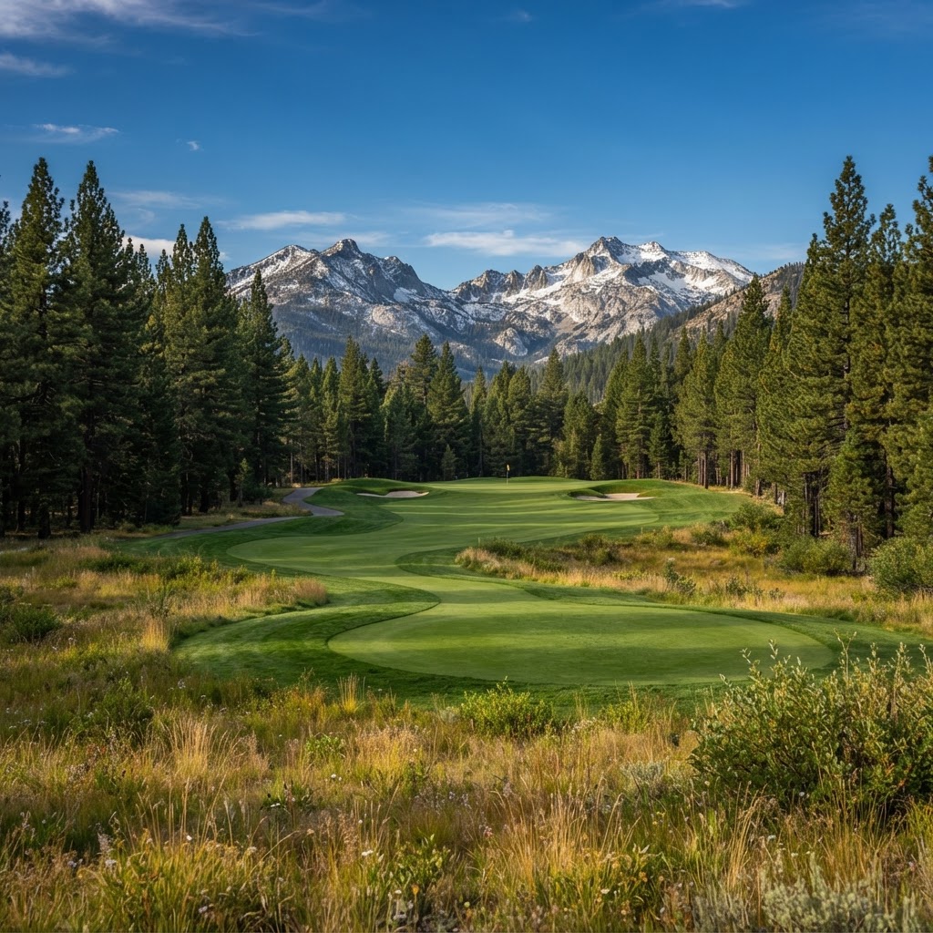 Pine-lined fairway at Martis Camp Club — Private golf course in Truckee — Martis Valley