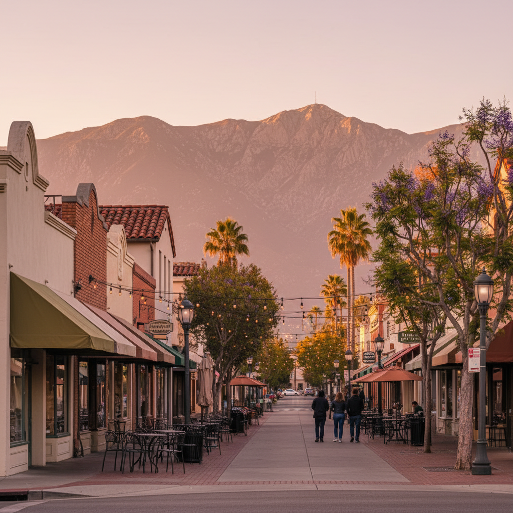 Pasadena local businesses on historic Colorado Boulevard with the San Gabriel Mountains