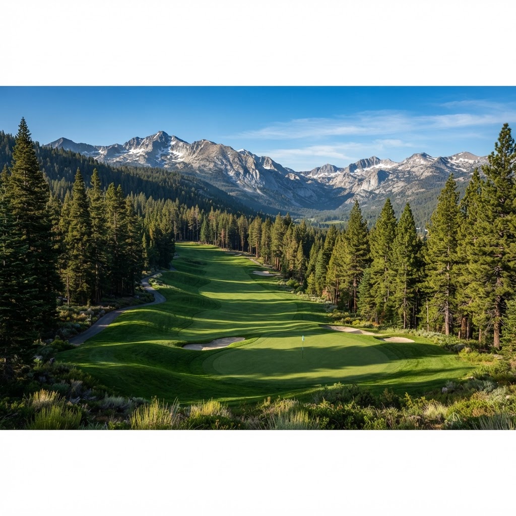 Pine-lined fairway at Coyote Moon Golf Course — Public golf course in Truckee