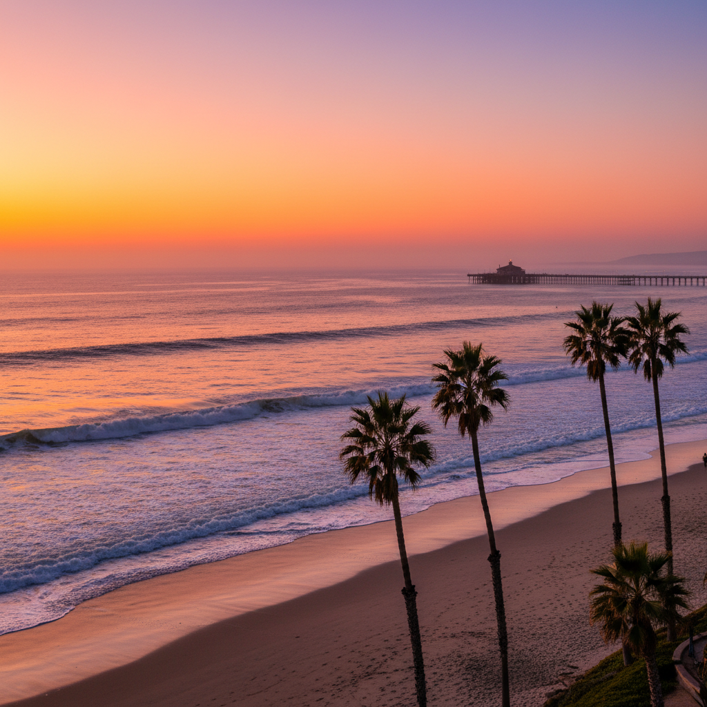 Ventura County coastline at sunset with palm trees and pier