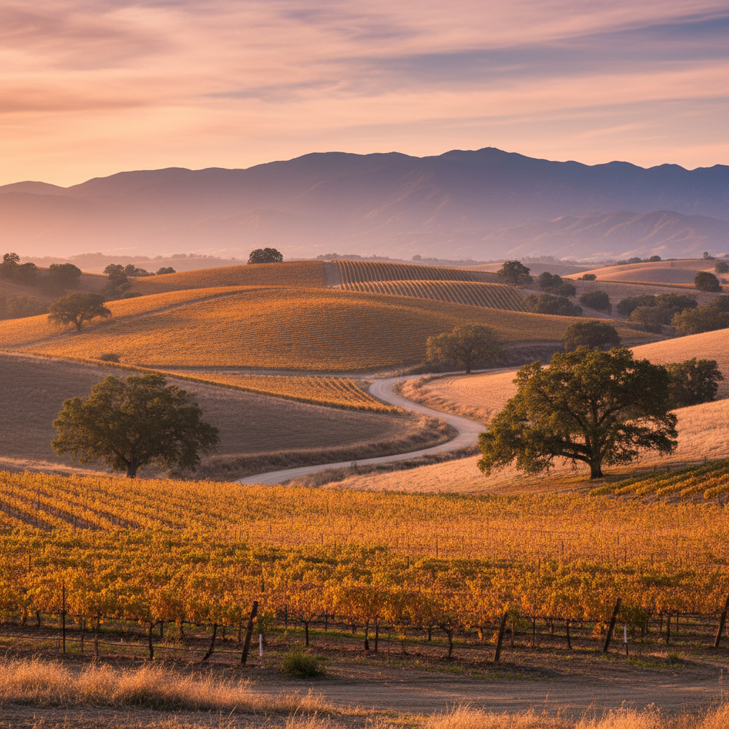 Santa Barbara County wine country rolling vineyards at golden hour