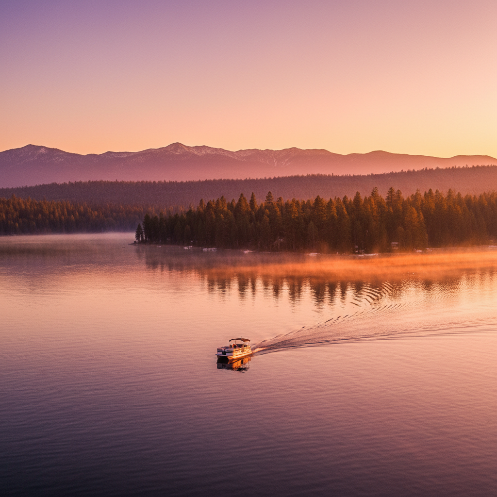 Big Bear Lake at golden hour with pines and mountains