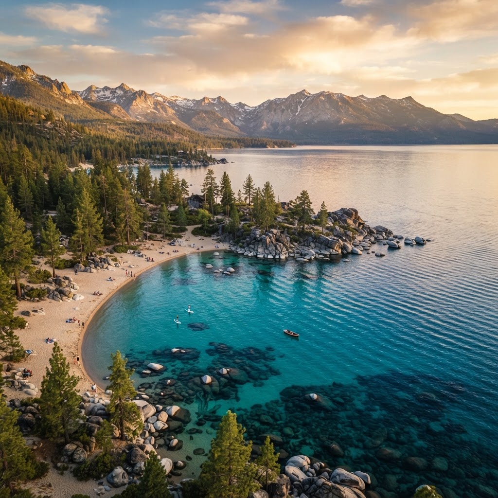 Lake Tahoe shoreline with crystal-clear turquoise water, granite boulders, and Sierra Nevada peaks at golden hour