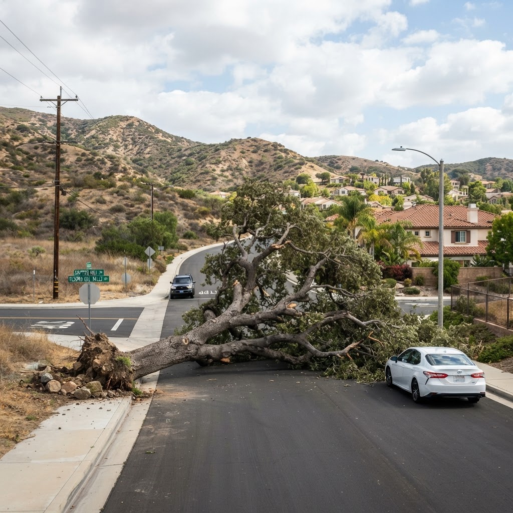 Large Tree Falls At McBean And Magic Mountain Parkway