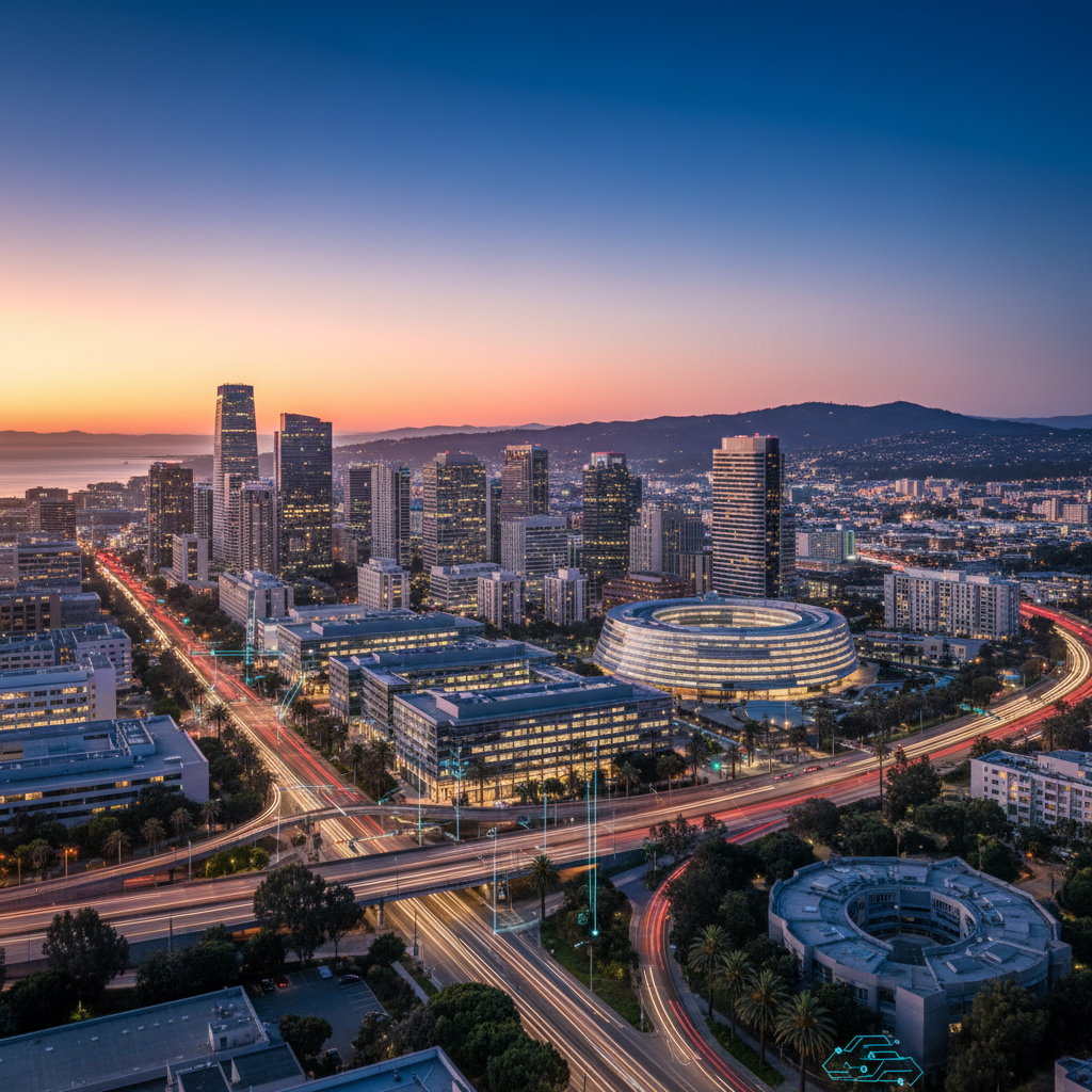 Silicon Valley skyline and tech campuses at golden hour