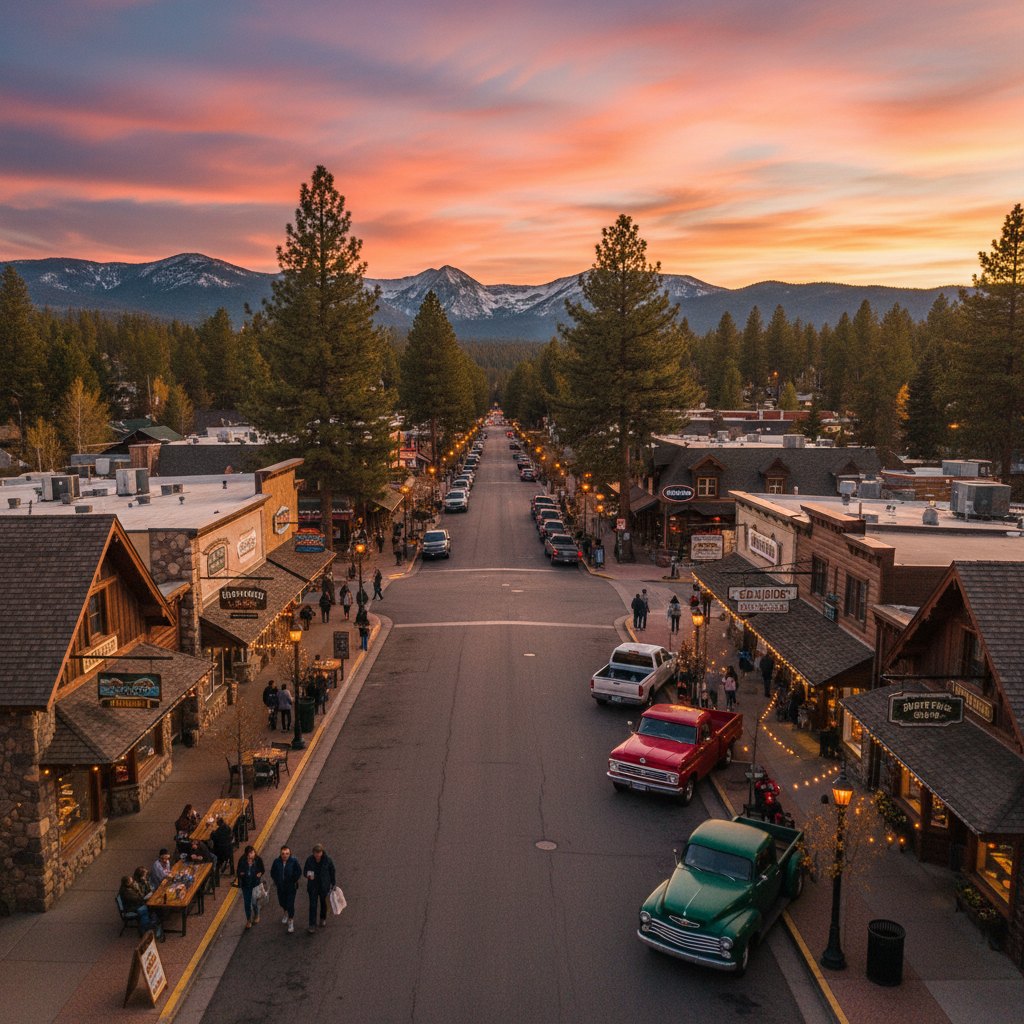 Big Bear Village shopping district at golden hour