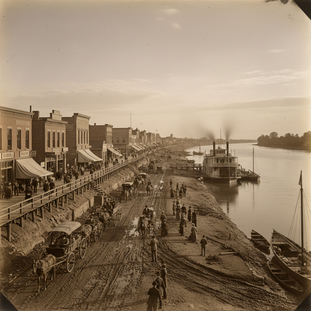 Historic Old Sacramento Waterfront along the Sacramento River with Tower Bridge at golden hour