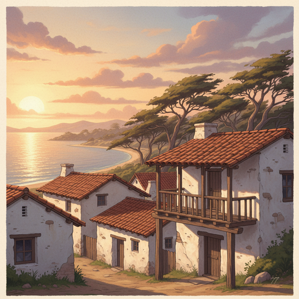 Historic adobe Monterey, California with red-tile roofs and Monterey Bay beyond