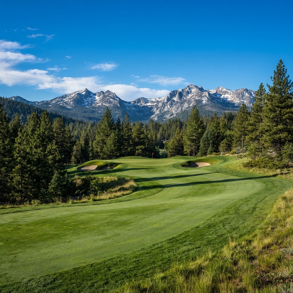 Pine-lined fairway at Tahoe City Golf Course — Public golf course in Tahoe City