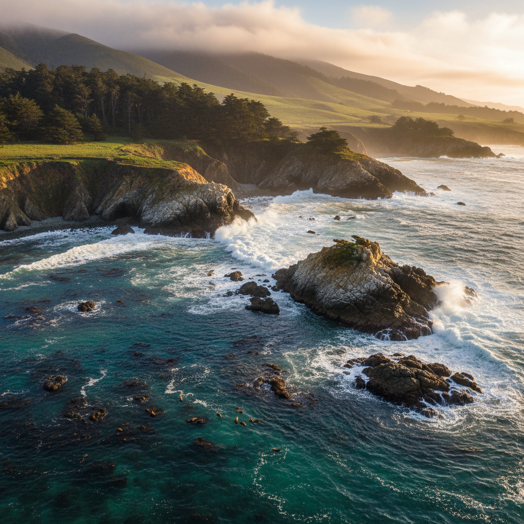 Monterey coastline — rugged Pacific cliffs, kelp forests, and coastal greenery at golden hour