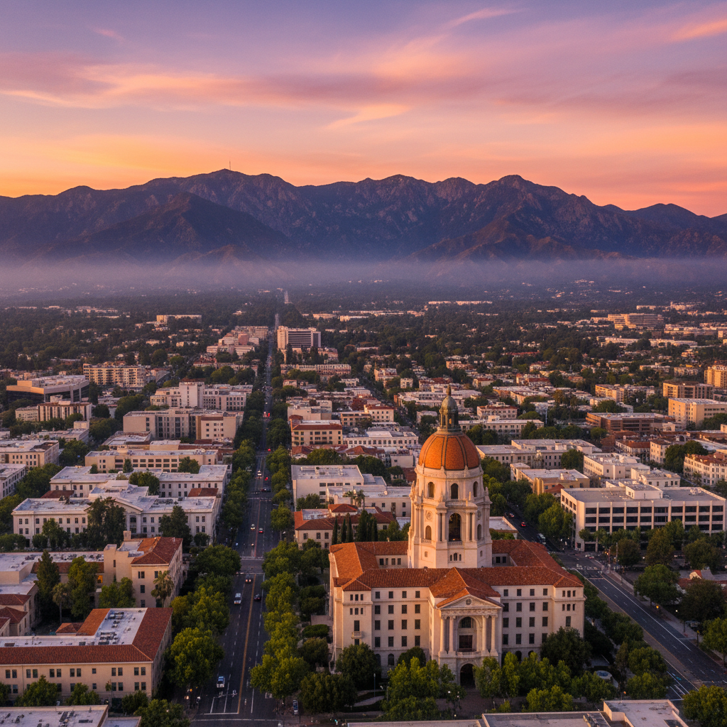 Pasadena City Hall and the San Gabriel Mountains at golden hour