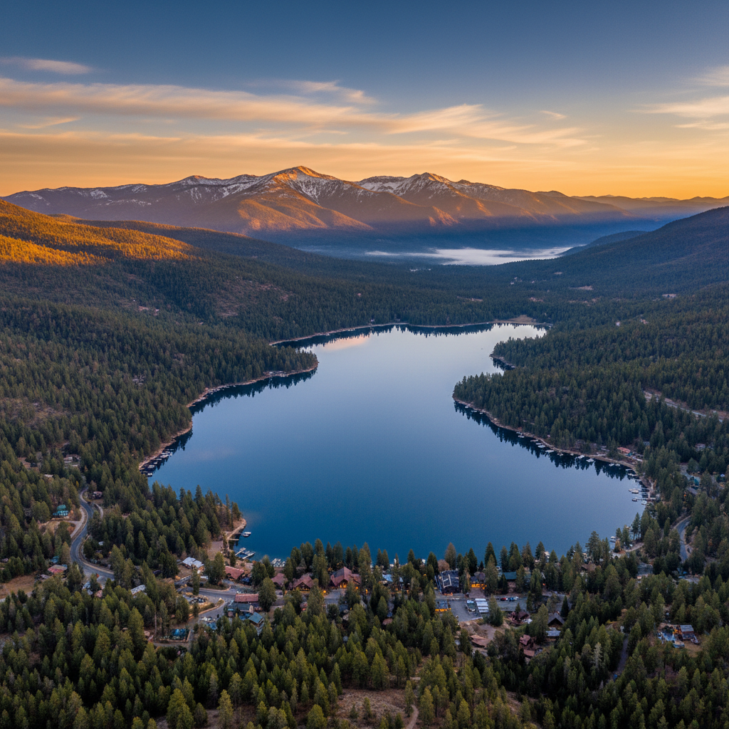 Big Bear Lake at sunset — mountains, pines, and cabins