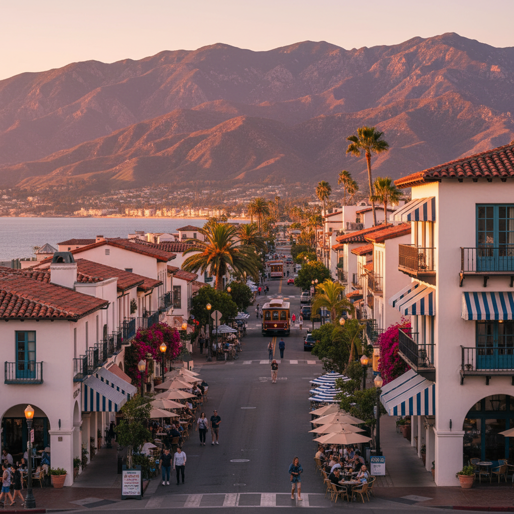 Santa Barbara County local businesses on State Street with the Santa Ynez Mountains