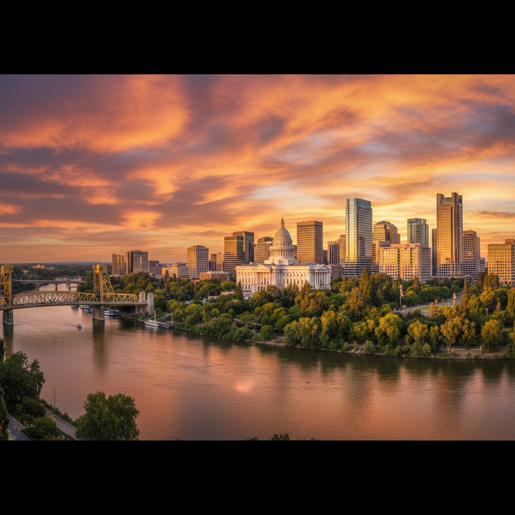 Sacramento skyline, Capitol, and riverfront