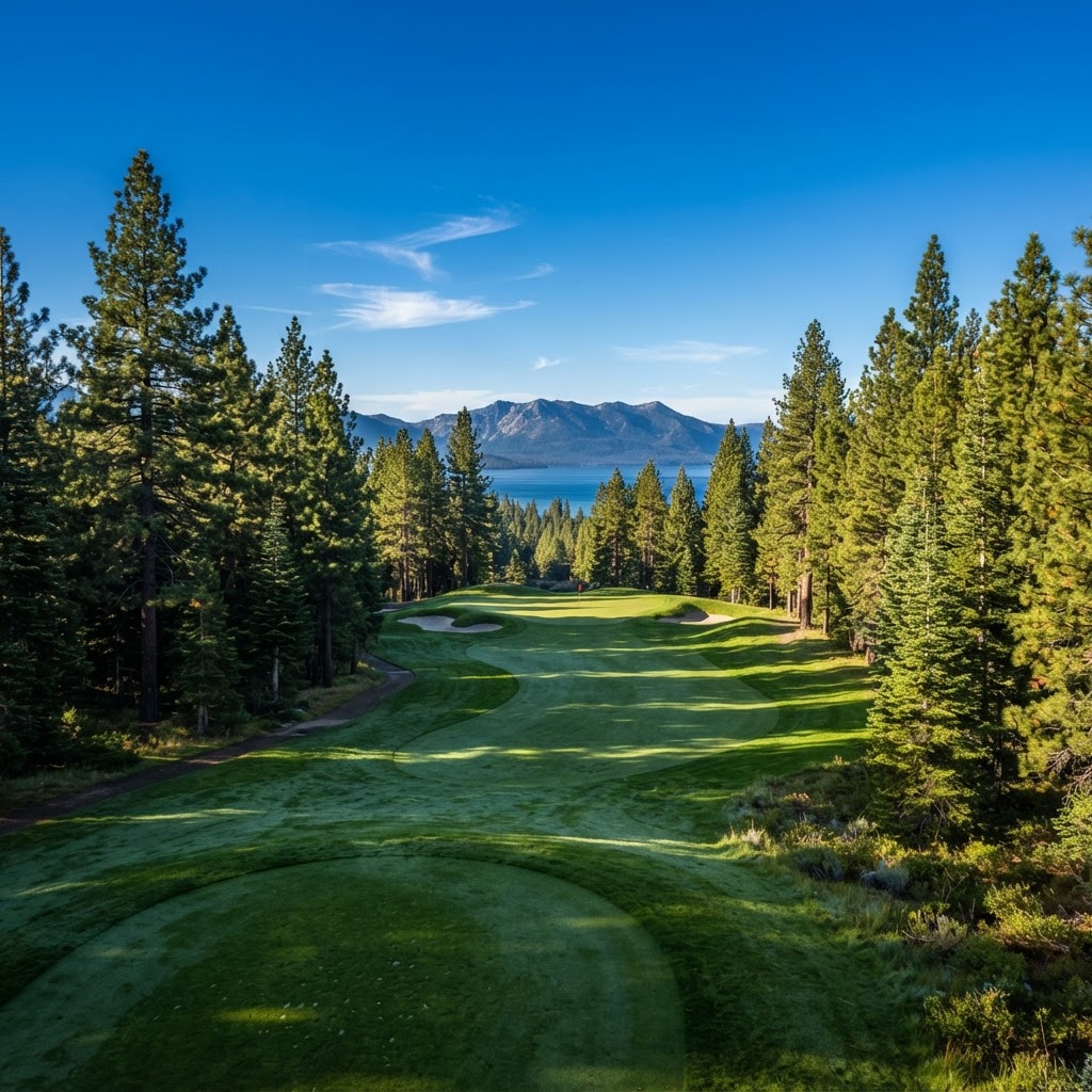 Pine-lined fairway at Old Brockway Golf Course — Public golf course in Kings Beach
