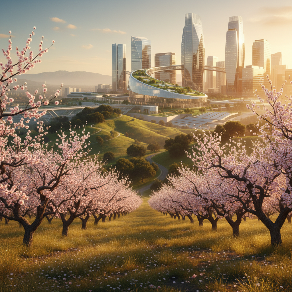 The Santa Clara Valley transforming from blossoming orchards into the modern Silicon Valley skyline