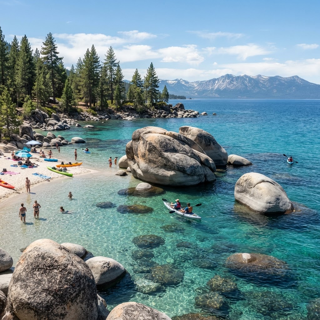Sand Harbor's granite boulders and turquoise coves at Lake Tahoe