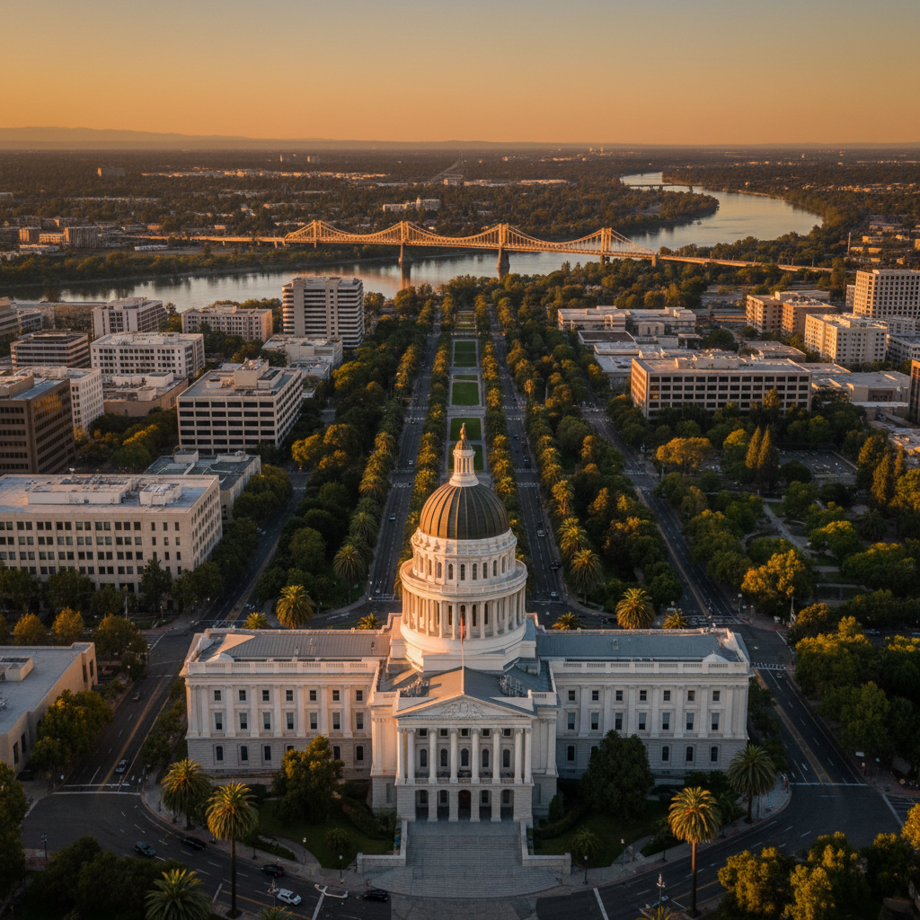 Sacramento State Capitol dome with palm-lined Capitol Mall and Tower Bridge in the distance at golden hour