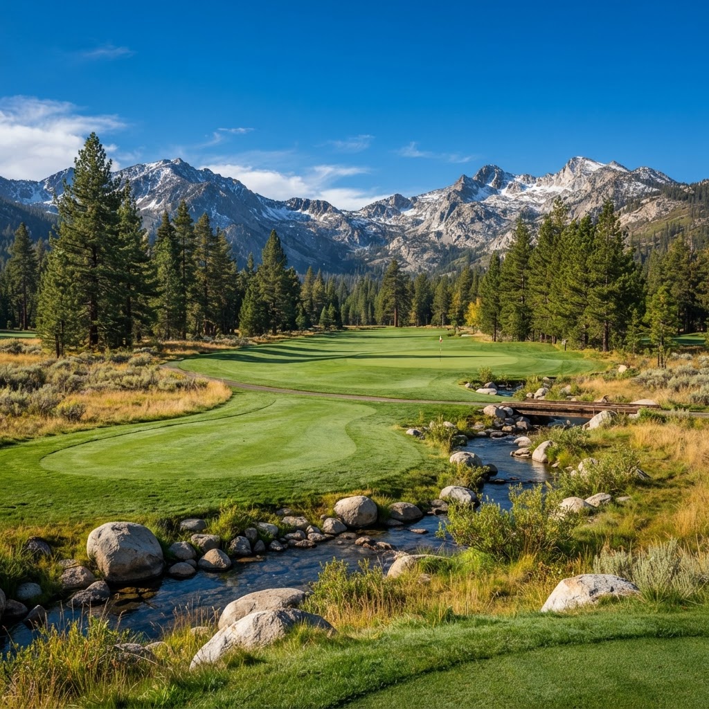 Pine-lined fairway at Lake Tahoe Golf Course — Public golf course in South Lake Tahoe / Meyers