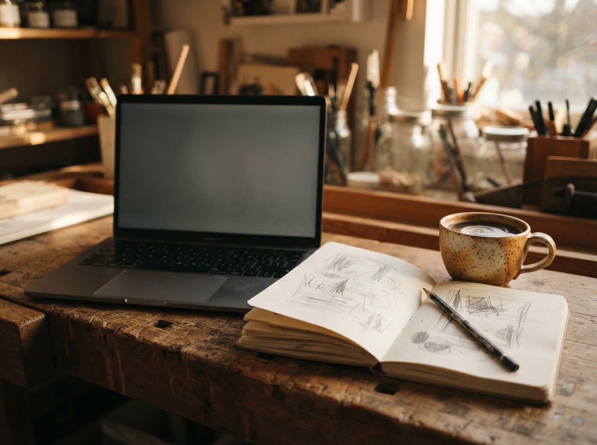 Laptop und Design-Werkzeuge auf einer Holzwerkbank