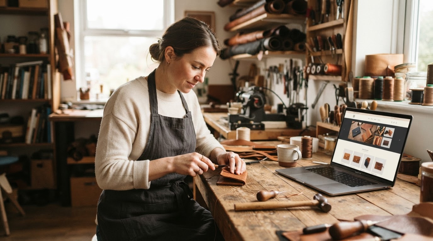 Handwerker arbeitet an einem Laptop in einer warmen Werkstatt