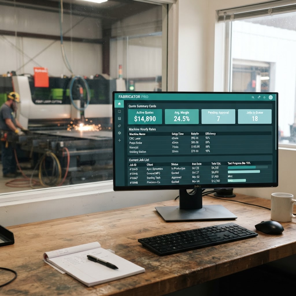 Estimating dashboard with quote summary and machine rate tables