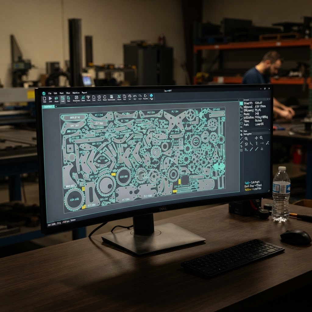 Nesting software arranging flat metal parts on a steel sheet