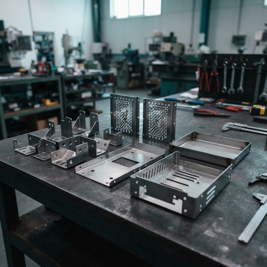 Illustrative custom sheet-metal brackets, panels, tray and folded housing