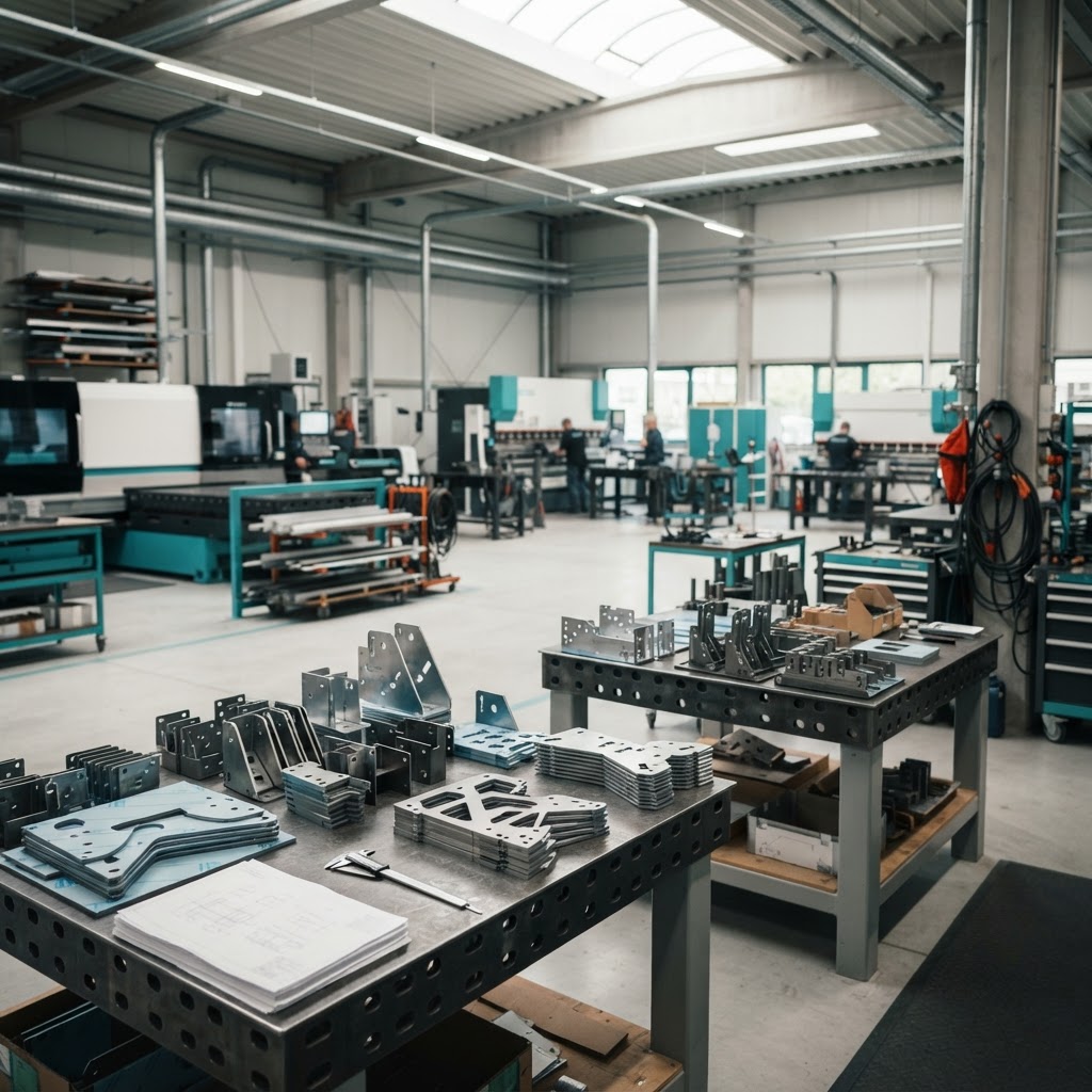 Bright sheet-metal fabrication workshop with precisely cut metal components