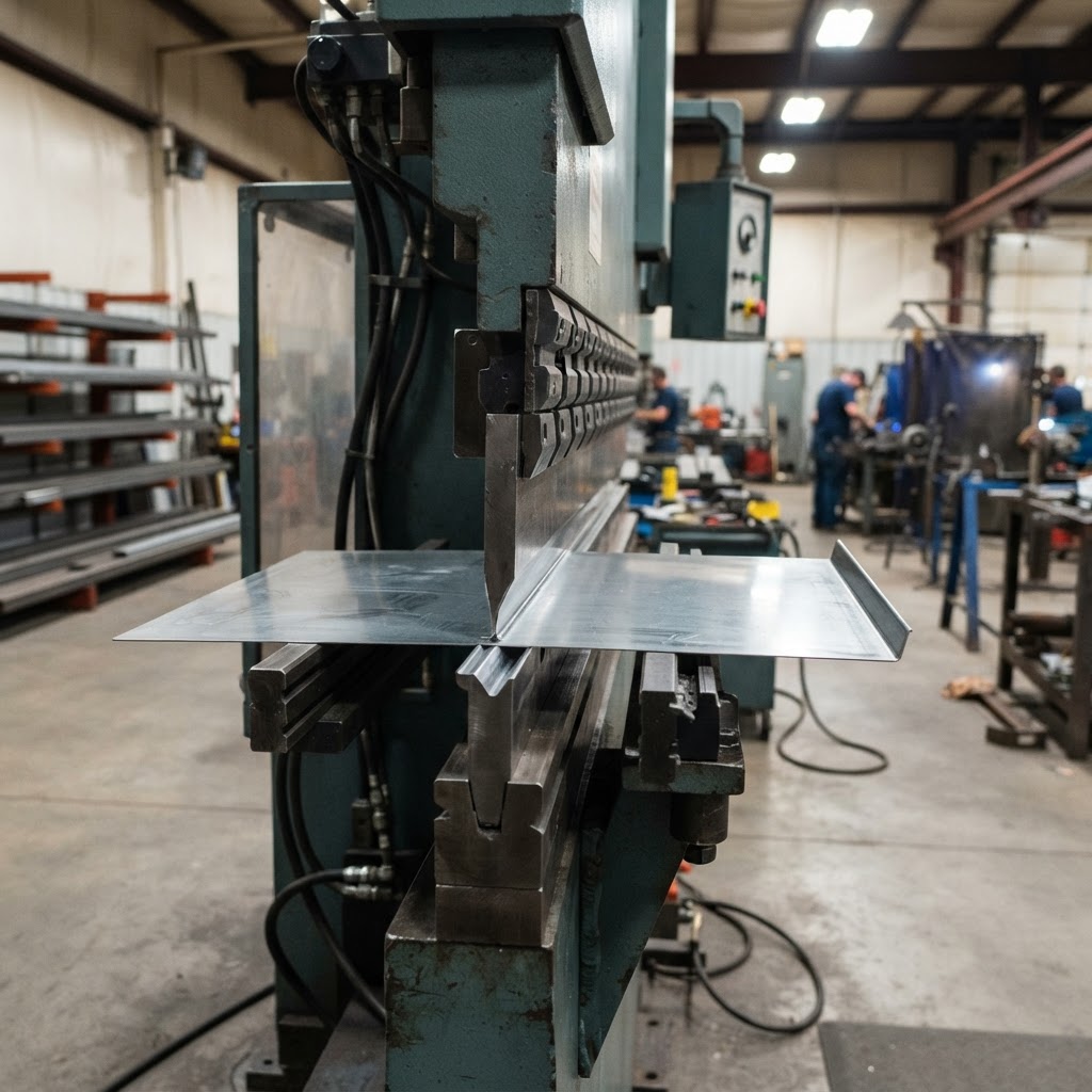 Illustrative press brake bending sheet metal between punch and die