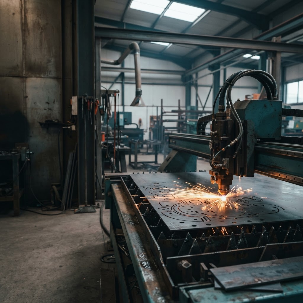 Illustrative sheet-metal laser cutting with precise outlines and sparks