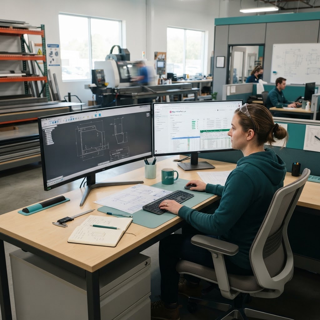 CAD workstation with a sheet-metal part drawing on screen
