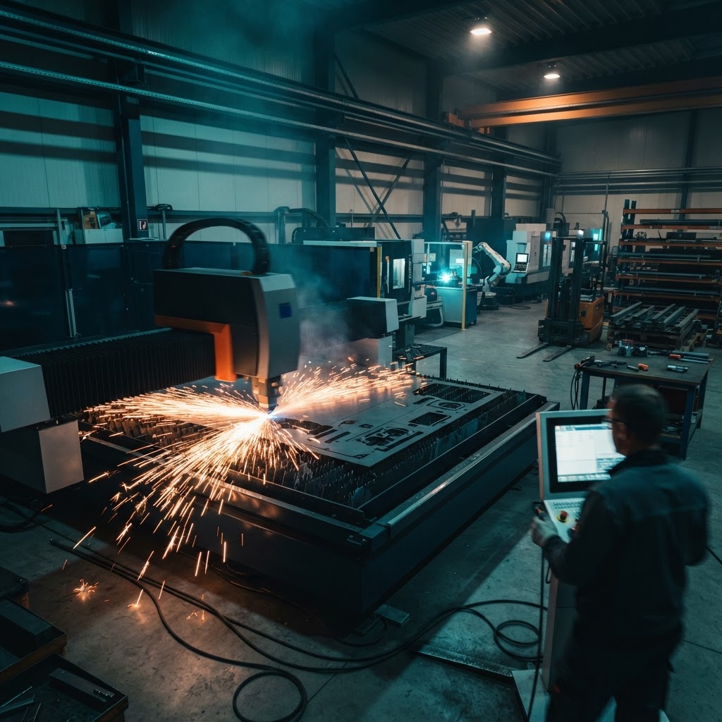 Industrial laser cutting head cutting a flat steel sheet with sparks