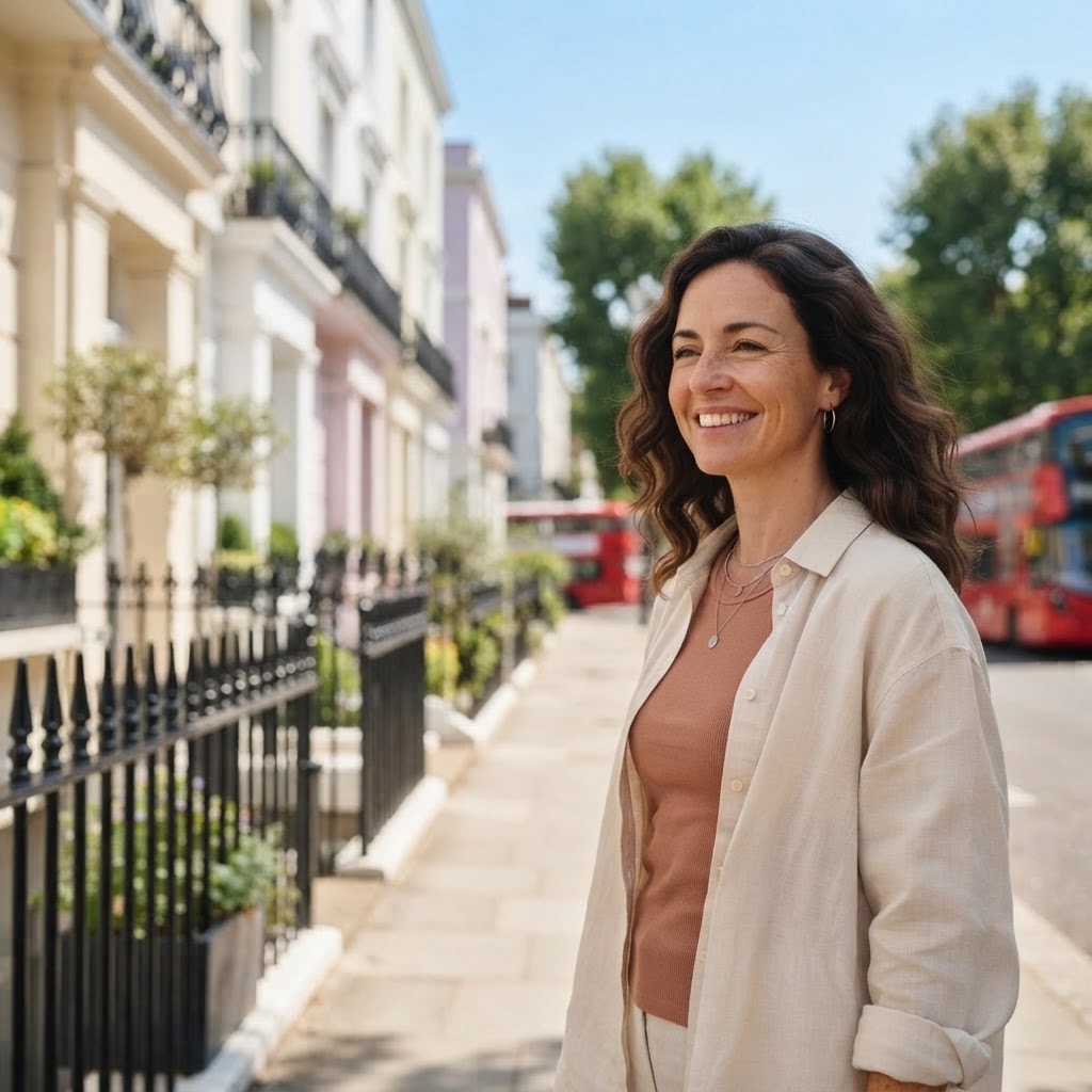 Illustrative lifestyle portrait of a woman on a sunny London street