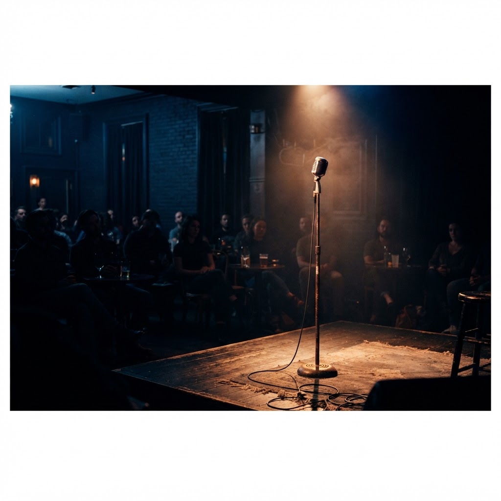 Open-mic studio stage lit in bronze against deep navy