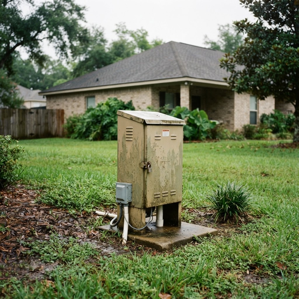 Aerobic treatment unit cabinet for a septic system in a southeast Louisiana yard