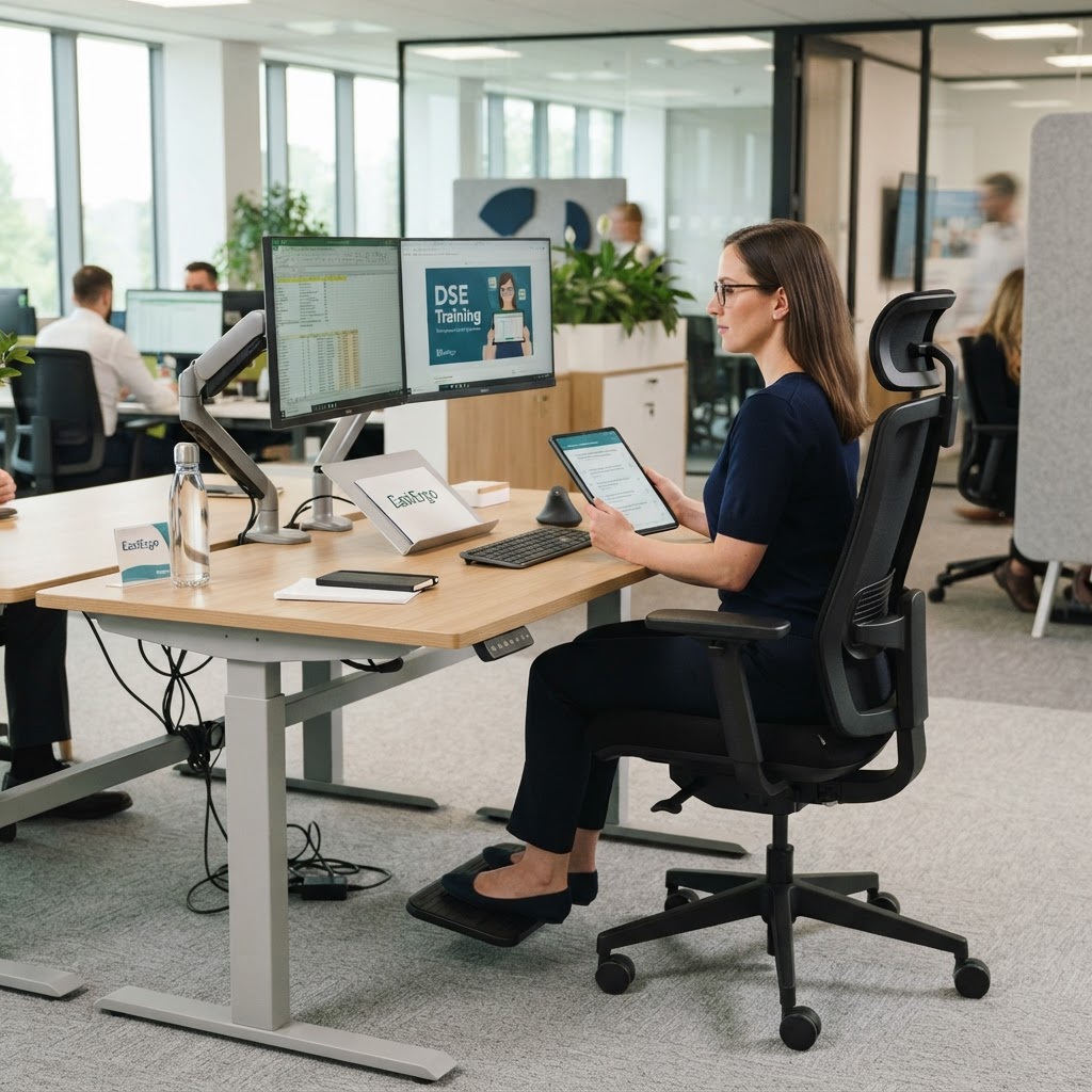 Ergonomic computer workstation with properly adjusted monitor and chair for DSE training compliance