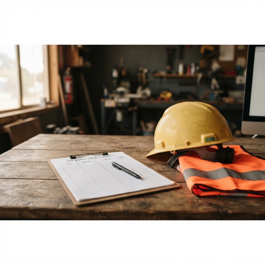 Risk assessment checklist on a desk with hard hat and high-vis vest