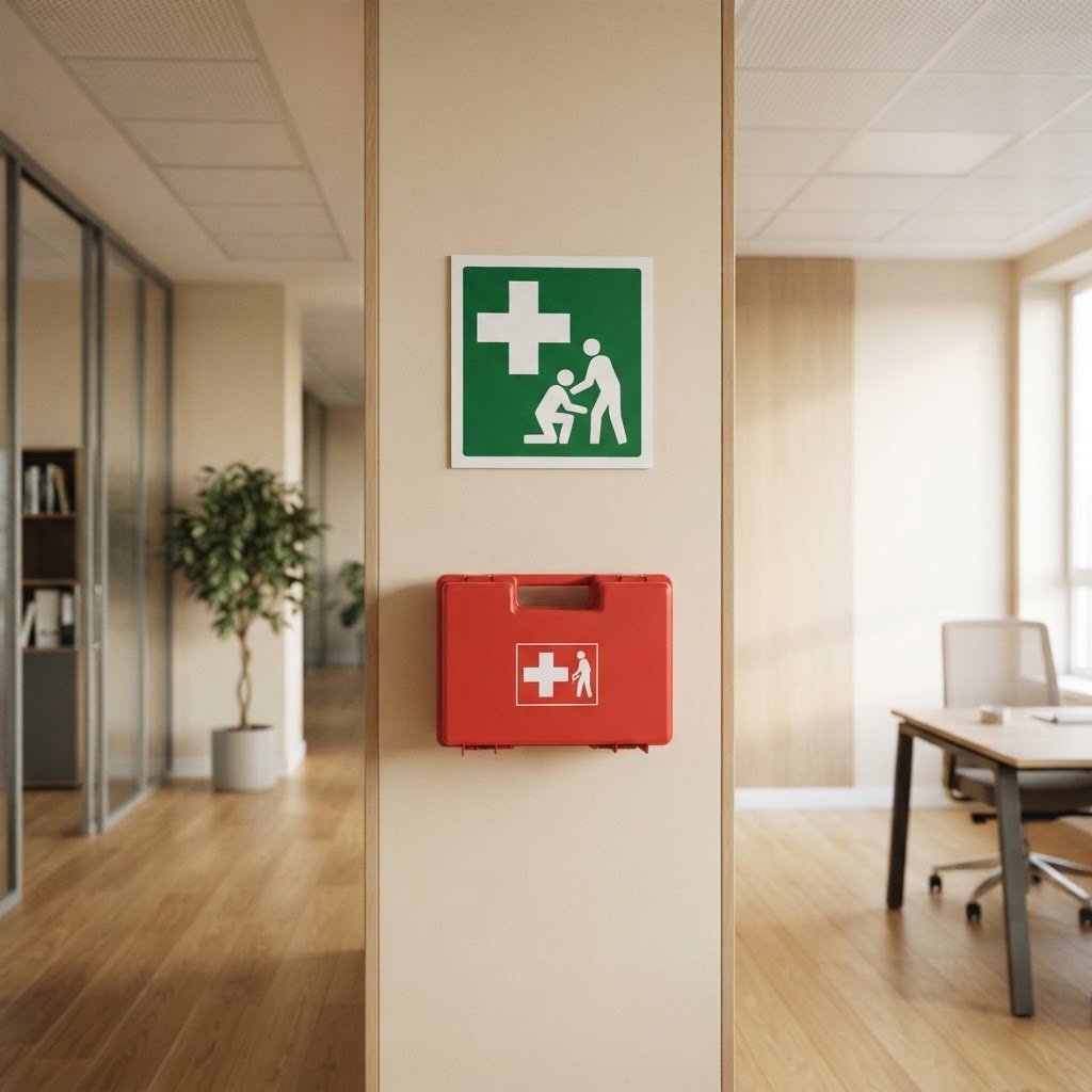 First aid sign on an office wall with a first aid kit below