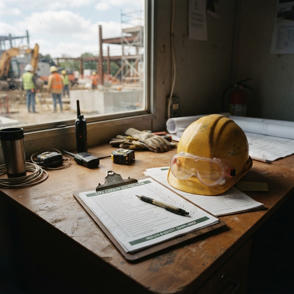 Safety inspector clipboard and checklist on a construction site desk