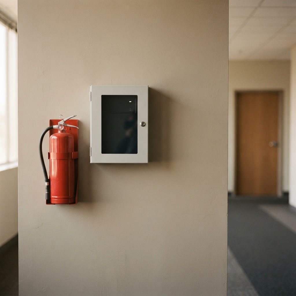 Fire extinguisher and fire alarm panel on an office wall