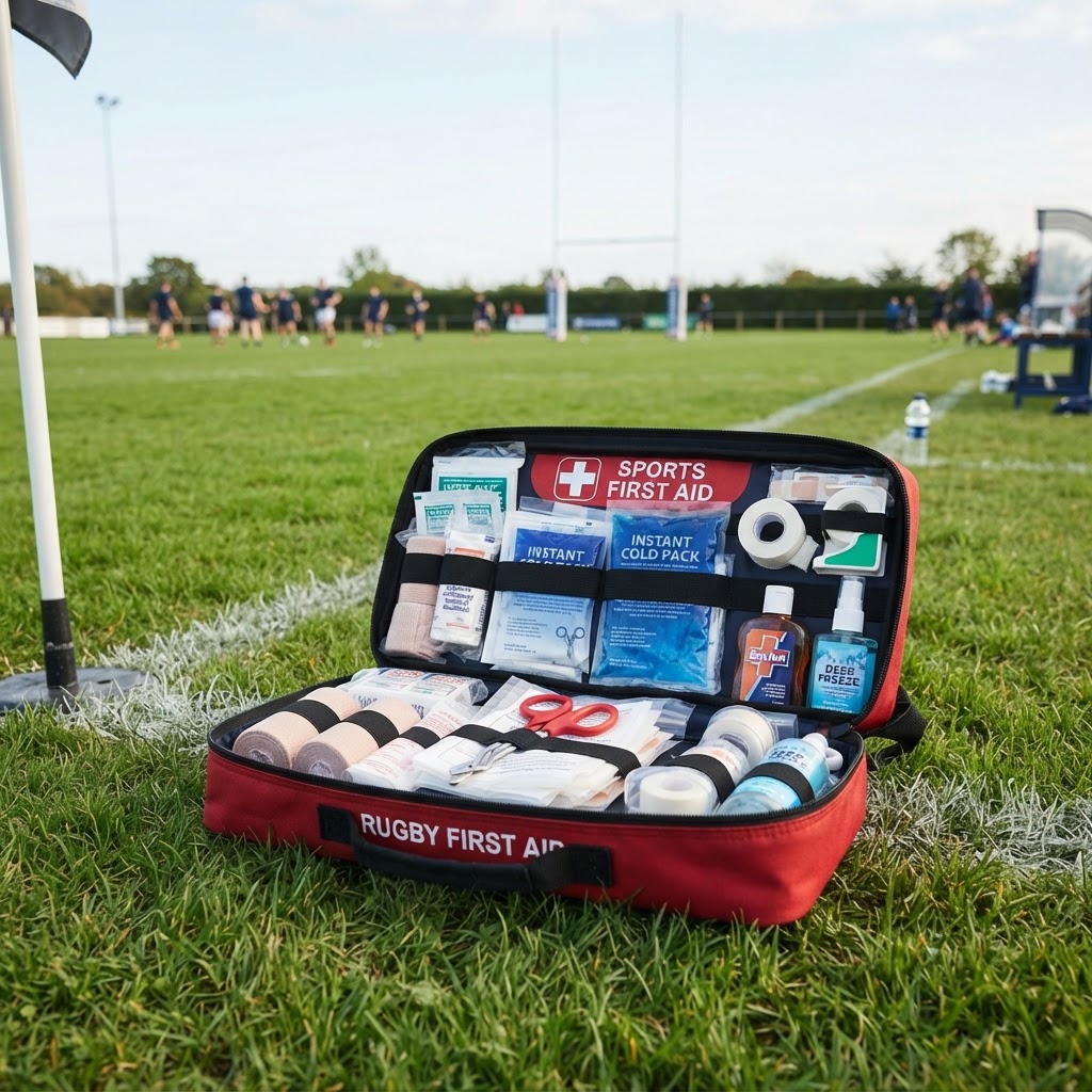 A well-stocked sports first aid kit open on a rugby pitch sideline with bandages, ice packs and medical supplies