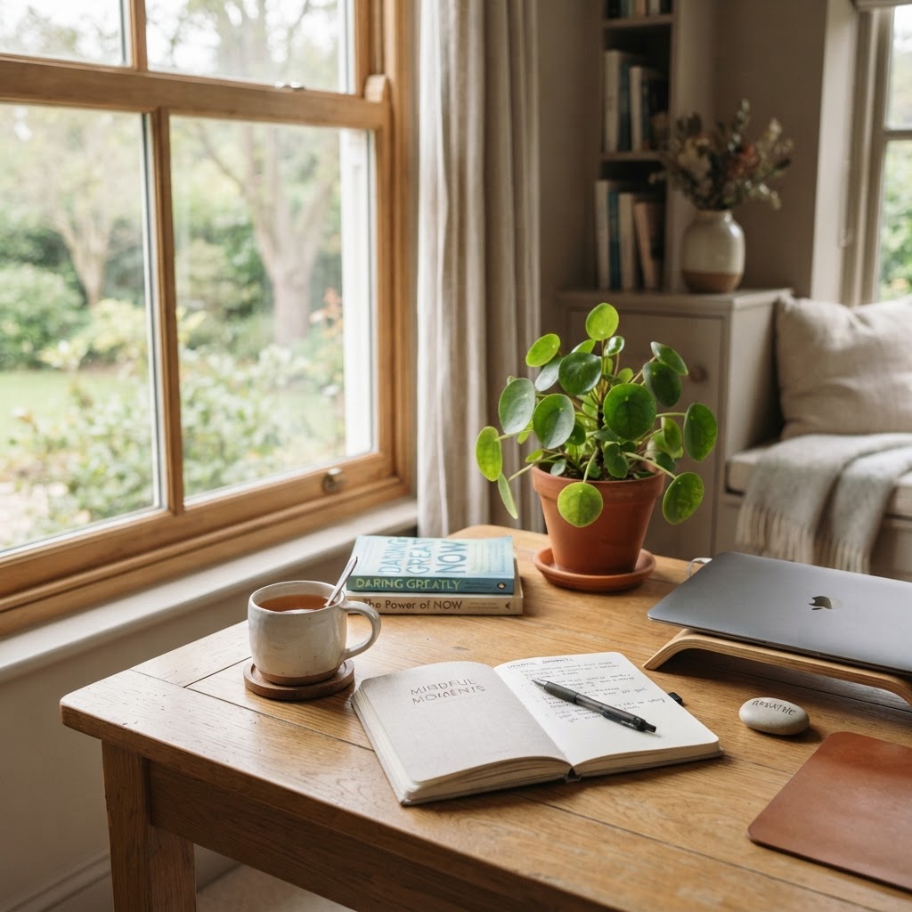 A calm office desk with a cup of tea and plant by a window, representing workplace mental wellbeing