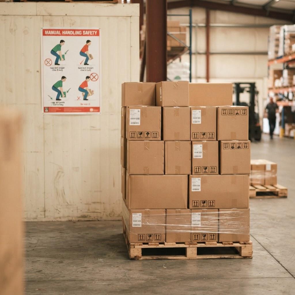 Stacked cardboard boxes in a warehouse with a lifting posture poster