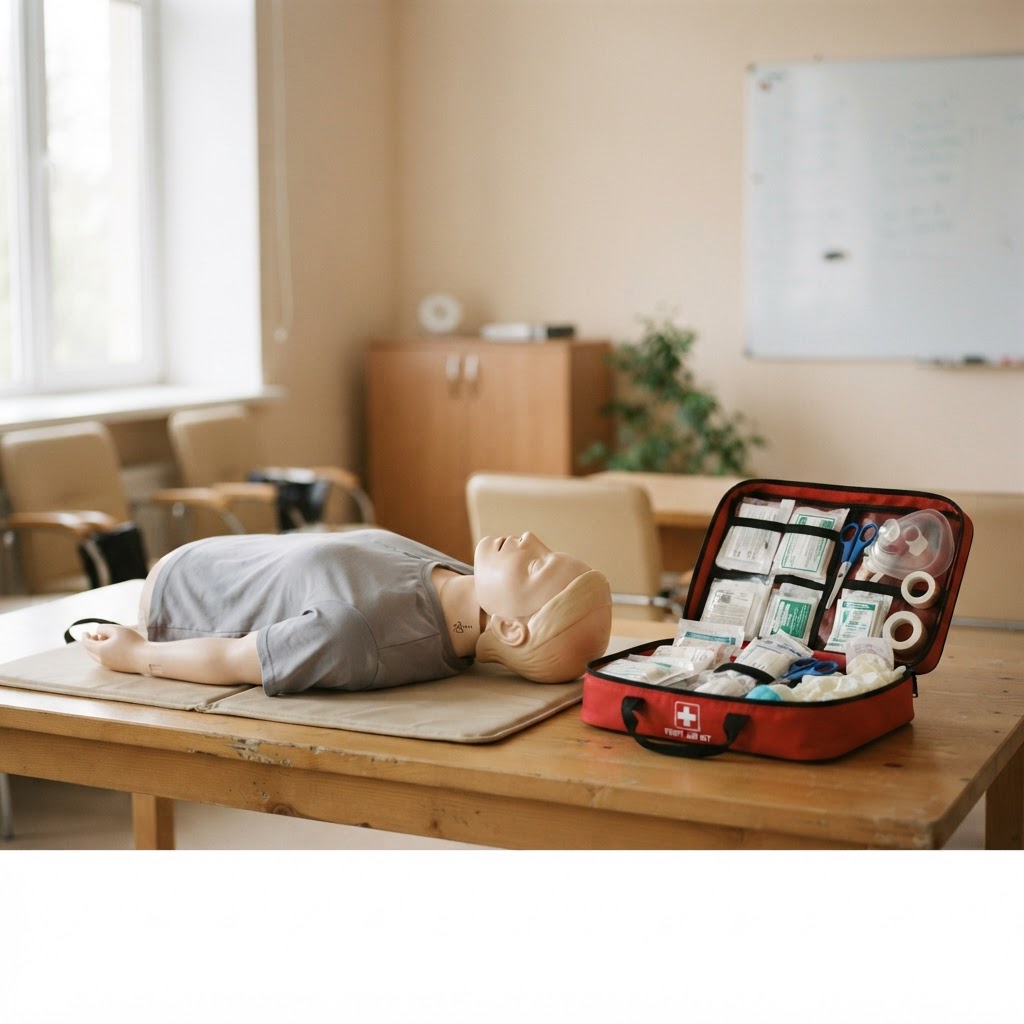 First aid training mannequin with an open first aid kit