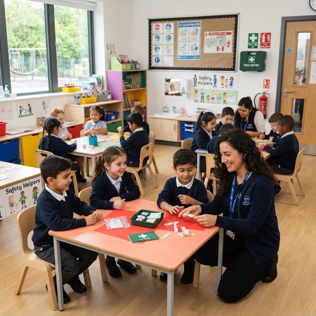 Primary school classroom with teacher supervising children in a safe learning environment