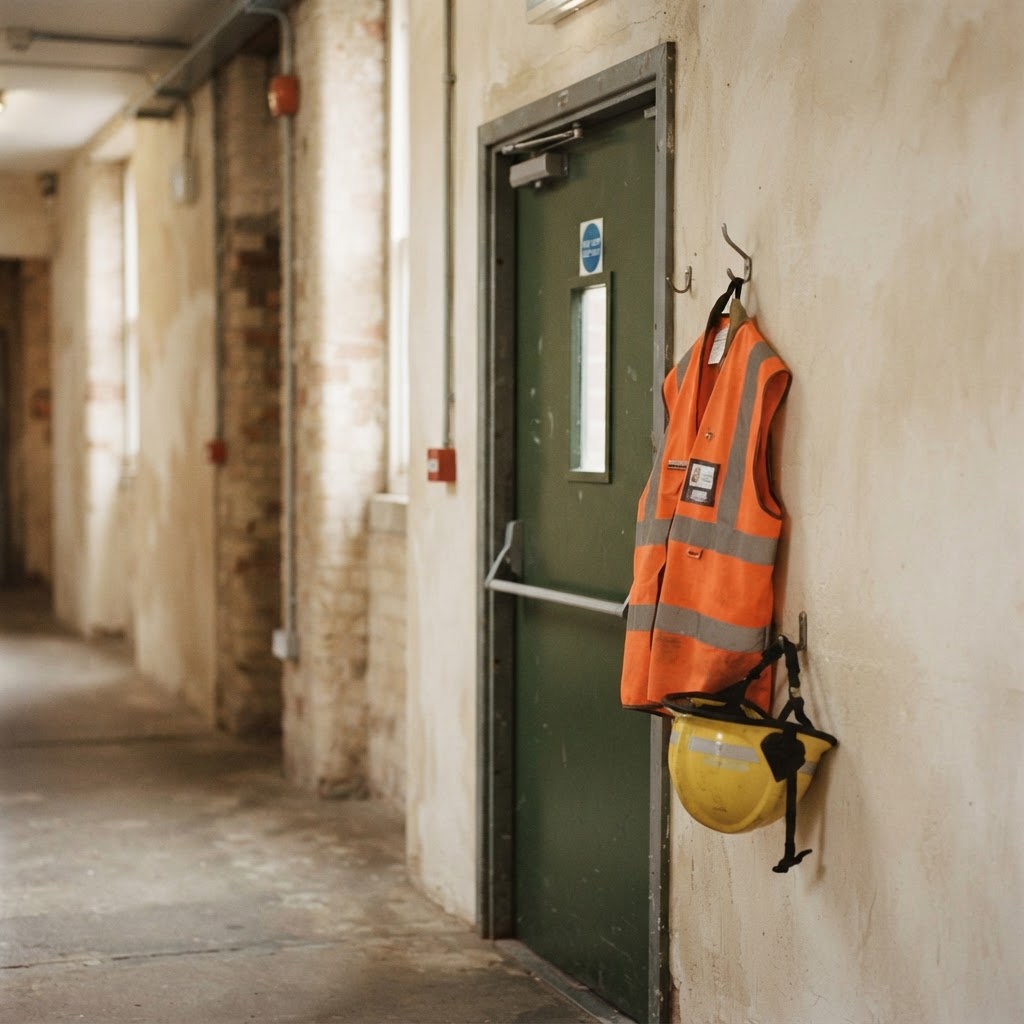 Fire marshal vest and helmet hung beside a fire door